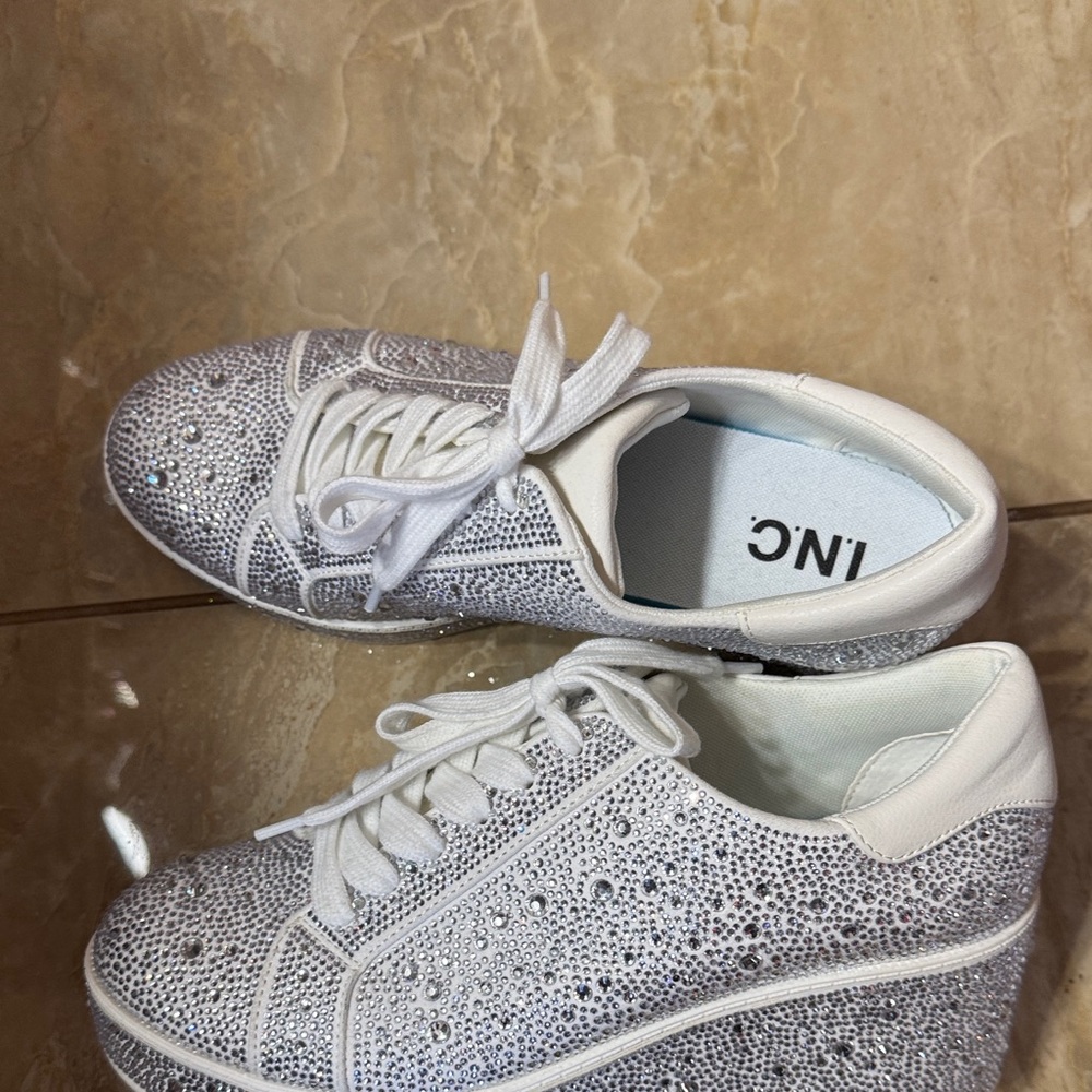 INC International Concepts White Crystal-Embellished Lace-Up Sneakers - Picture 3 of 4